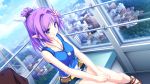  1girl belt blue_eyes blush city collarbone female flower game_cg hair_flower hair_ornament hairclip jewelry kureha_(maikaze_no_melt) maikaze_no_melt necklace pointy_ears ponytail purple_hair shorts sitting sleeveless solo sunbeam tenmaso 