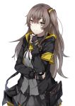  1girl absurdres armband brown_hair fingerless_gloves girls_frontline gloves highres inxst jacket long_hair looking_at_viewer scar side_ponytail skirt smile solo ump45_(girls_frontline) white_background yellow_eyes 