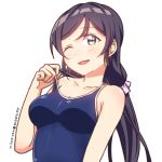 1girl blush embarrassed green_eyes long_hair looking_at_viewer love_live!_school_idol_project open_mouth purple_hair simple_background swimwear toujou_nozomi twintails twitter_username white_background 