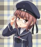  1girl adjusting_glasses auburn_hair bespectacled blush brown_eyes clothes_writing eyebrows_visible_through_hair female glasses hat kantai_collection maple_takoyaki scarf solo uniform upper_body z3_max_schultz_(kantai_collection) 
