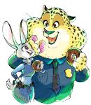    artist_request benjamin_clawhauser brown_eyes cheetah disney doughnut food furry judy_hopps looking_at_another necktie no_humans police police_uniform rabbit simple_background uniform violet_eyes white_background zootopia 