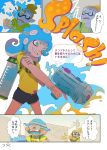  1girl 3boys akashi_(sorobochi) bike_shorts blue_tongue comic dark_skin dark_skinned_male domino_mask fangs green_eyes grin headband highres ink_tank_(splatoon) inkling katou_(osoraku) kobushime_(sorobochi) mask multiple_boys octarian orange_hair orange_tongue outdoors pointy_ears running scared shirt short_hair shorts sky smile splatoon splattershot_jr_(splatoon) t-shirt takozonesu topknot translation_request veins yellow_shirt 