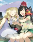  2girls :d :o ^_^ bag beanie bench black_hair blonde_hair blush braid closed_eyes day dress duffel_bag feeding female_protagonist_(pokemon_sm) hat lillie_(pokemon) litten_(pokemon) long_hair multiple_girls open_mouth pokemon pokemon_(creature) pokemon_(game) pokemon_sm red_hat see-through shirt short_hair shorts sitting sky sleeveless sleeveless_dress smile somechime_(sometime1209) sun_hat tied_shirt twin_braids twitter_username white_dress white_hat yuri z-ring 