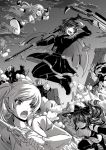  4girls battle black_hair blake_belladonna grimm long_hair monochrome monster multiple_girls pixiv_manga_sample ponytail rapier ruby_rose rwby scythe smile sword weiss_schnee yang_xiao_long 