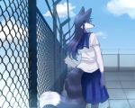  1girl artist_request back black_hair blue_hair blue_skirt blue_sky clouds cloudy_sky dog female fence from_behind furry hand_on_hip long_hair looking_at_viewer looking_back outdoors profile red_eyes rooftop sailor_collar school_uniform serafuku shirt short_sleeves skirt sky solo standing tail white_shirt 