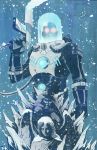  1boy angel animal_ears artist_request bald bat_ears batman batman_(series) bruce_wayne cape dc_comics glowing_goggles goggles gun ice male_focus mask mr._freeze neon_trim power_armor power_suit snow solo source_request statue weapon 