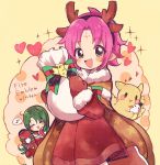  2girls antlers bow cape cecilia_(fire_emblem) christmas_stocking closed_eyes dress fa facial_mark fire_emblem fire_emblem:_fuuin_no_tsurugi fire_emblem_heroes forehead_mark fur_trim gift_bag green_eyes green_hair heart long_hair long_sleeves mamkute mittens multiple_girls musical_note nintendo open_mouth pointy_ears purple_hair reindeer_antlers short_hair spoken_musical_note yataba 