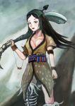  1girl black_hair breasts cleavage female kofun_period long_hair original outdoors sky solo weapon 