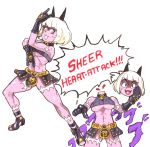 &gt;:3 1girl :3 \m/ abs alternate_costume alternate_skin_color blood cat_ears collar disembodied_head english female full_body gloves gold hand_gesture inkerton-kun jojo_no_kimyou_na_bouken killer_queen killer_queen_(cosplay) looking_at_viewer ms._fortune_(skullgirls) navel pink_eyes pink_skin pointing pose scar short_hair skullgirls solo speech_bubble stand_(jojo) text under_boob white_hair 