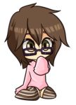  bottomless brown_eyes brown_hair chibi covering_mouth freckles glasses hazel_eyes hidden_mouth nyascree original oversized_clothes pantyshot short_hair sitting sleeves_past_wrists striped_thighhighs sweater thigh-highs wariza 