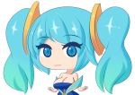  1girl blue_eyes blue_hair breasts chibi cleavage jcdr league_of_legends looking_at_viewer sona_buvelle twintails 