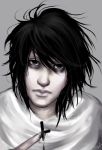  1boy artist_request black_eyes black_hair death_note food grey_background l_(death_note) looking_at_viewer male_focus simple_background solo white_shirt 