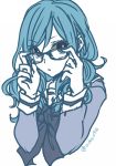  1girl adjusting_glasses astasso blue blue_eyes blue_hair fairy_tail female flat_color glasses juvia_loxar partially_colored ribbon school_uniform short_hair solo tied_hair twintails white_background 