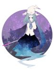  blood bloody_weapon blue_cape blue_necktie cape ghost_tail green_eyes green_hair head_scarf highres holding holding_sword holding_weapon ko_kita long_hair long_sleeves mima necktie sky star_(sky) starry_sky sun_(symbol) sword touhou touhou_(pc-98) weapon 