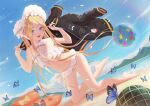  1girl :d abigail_williams_(fate) abigail_williams_(swimsuit_foreigner)_(fate) ball bangs barefoot beach beachball bikini black_jacket blonde_hair blue_eyes blue_sky blush bow braid bug butterfly collarbone day dutch_angle fat123 fate/grand_order fate_(series) flat_chest floating_hair food fruit full_body hair_bow hat highres holding holding_clothes holding_jacket innertube jacket kneeling long_hair looking_at_viewer navel ocean outdoors parted_bangs ribbon shiny shiny_hair sky smile solo summer swimsuit very_long_hair watermelon white_bikini white_bow white_headwear white_ribbon 