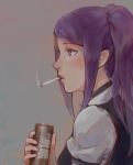  1girl bangs black_eyes can cigarette from_side grey_background holding holding_can julianne_stingray k-blehmeh long_hair looking_to_the_side mouth_hold parted_lips profile puffy_short_sleeves puffy_sleeves purple_hair short_sleeves smoke solo swept_bangs twintails upper_body va-11_hall-a 