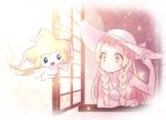  1girl blonde_hair braid female green_eyes hat ichinose_yukino indoors jirachi lillie_(pokemon) long_hair open_window outdoors pokemon pokemon_(creature) pokemon_(game) pokemon_sm sleeveless solo sparkle sun_hat twin_braids upper_body white_hat window 