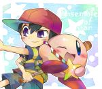  2boys backpack baseball_bat black_hair cap child company_connection crossover hal_laboratory_inc. hoshi_no_kirby kirby kirby_(series) mother_(series) multiple_boys ness nintendo ohmoto_makiko pink_puff_ball seiyuu_connection short_hair smile super_smash_bros. wink 