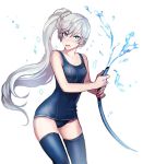  blue_eyes blush hose one-piece_swimsuit rwby scar school_swimsuit side_ponytail surprised swimsuit thigh-highs water weiss_schnee white_hair 