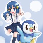  1girl bird child hikari_(pokemon) kabisuke looking_at_viewer nintendo open_mouth penguin piplup pokemon shiny shiny_skin skirt tongue 