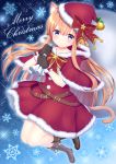  1girl absurdres animal_ears bangs beltskirt black_gloves blonde_hair blue_eyes blush boots brown_boots cat_ears cat_girl cat_tail christmas dress fur-trimmed_gloves gloves hat highres hio_(hiohio0306) holding legs_up long_hair looking_at_viewer merry_christmas original red_dress red_ribbon ribbon sack santa_costume santa_hat smile snowflake_background snowflakes tail 
