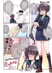 1boy 1girl adjusting_hair admiral_(kantai_collection) akebono_(kantai_collection) bell bespectacled black_hair blush book cardigan comic embarrassed fidgeting glasses gloves gradient gradient_background hair_ornament hand_on_hip hat highres jingle_bell kantai_collection loafers long_hair mikage_takashi open_mouth panties school_uniform serafuku shoes side_ponytail skirt sparkle underwear uniform white_gloves