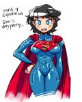  1girl black_hair blue_eyes breasts cape crap-man dc_comics english genderswap looking_at_viewer solo superman superman_(series) text 