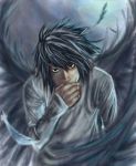  1boy artist_request black_eyes black_hair death_note feather feathered_wings hand_over_own_mouth l_(death_note) long_sleeves looking_at_viewer male_focus solo white_shirt 