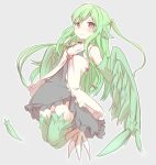  1girl feathers female full_body green_hair harpy head_wings monster_girl naya pink_eyes simple_background smile solo two_side_up wings 