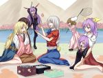  6+girls animal_ears black_hair blonde_hair brown_hair houraisan_kaguya inaba_tewi long_hair multiple_girls open_mouth ponytail purple_hair rabbit_ears red_eyes reisen reisen_udongein_inaba shamisen_(syami_sen) short_hair silver_hair sitting touhou watatsuki_no_toyohime watatsuki_no_yorihime yagokoro_eirin yellow_eyes 