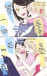  2girls 2koma age_difference black_hair blonde_hair blue_eyes blush comic commentary_request green_eyes hand_on_another&#039;s_face hug hug_from_behind multiple_girls one_eye_closed open_mouth original pipipi_sensei school_uniform translated wavy_mouth yuri 