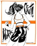  1girl artist_name ass clenched_hands contrapposto crop_top female from_behind hair_tie madguymao monochrome nail_polish orange_nails original ponytail solo spot_color tank_top thick_thighs thighs white_background wristband 