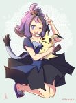  1girl ;3 ;d acerola_(pokemon) bangs blush collarbone dress elite_four full_body hair_ornament half_updo maiyuiki mimikyu_(pokemon) one_eye_closed open_mouth pokemon pokemon_(creature) pokemon_(game) pokemon_sm purple_hair sandals short_hair short_sleeves smile solo stitches torn_clothes torn_dress v violet_eyes 