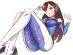  1girl ass blush bodysuit boots breasts brown_eyes d.va_(overwatch) facial_mark gloves headphones long_hair looking_at_viewer overwatch purple_hair shiny shiny_hair smile solo vanquice 