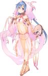  1girl amazuyu_tatsuki aquaplus bare_shoulders blue_hair dancer dungeon_travelers_2 earrings feathers flat_chest full_body highres holding instrument jewelry kokonoka looking_at_viewer navel panties revealing_clothes sandals solo standing tambourine transparent_background underwear veil violet_eyes 