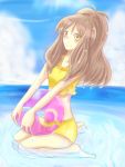  10s 1girl ball barefoot beachball bikini blush brown_hair long_hair looking_at_viewer midriff pokemon pokemon_(game) pokemon_bw smile solo swimsuit touko_(pokemon) water wet yellow_eyes 