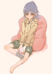  1girl akari_(raigou) barefoot bean_bag bean_bag_chair blue_hair cup dated female hadakichi hood hoodie mug original raigou shorts sitting socks solo 