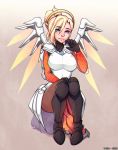  1girl 5-ish blonde_hair blue_eyes looking_at_viewer mechanical_halo mechanical_wings mercy_(overwatch) overwatch ponytail short_ponytail sitting smile solo wings 