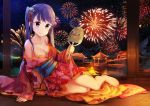  1girl 2016 :&gt; arm_support artist_name barefoot blush breasts brown_eyes cleavage closed_mouth dated eyebrows eyebrows_visible_through_hair fireworks floral_print full_body hair_ornament head_tilt holding_fan japanese_clothes kanzashi kimono long_hair medium_breasts mountain new_game! night night_sky number off_shoulder outdoors purple_hair sky smile solo star_(sky) starry_sky suzukaze_aoba twintails very_long_hair water wooden_floor yimn-fletcher 