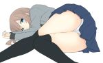  1girl ass azuuru_(azure0608) black_legwear blazer blue_eyes blue_skirt brown_hair jacket long_hair lying on_side original panties pantyshot pleated_skirt skirt thigh-highs underwear 