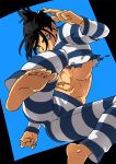  1boy abs alternate_costume barefoot black_hair bulge facial_mark feet folded_ponytail jumping kita_makura male_focus muscle one-punch_man onsoku_no_sonic prison_clothes prisoner scar shirt solo toes torn_clothes torn_shirt 