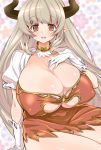  1girl alicia_(granblue_fantasy) breasts cleavage cleavage_cutout cow_girl cow_horns dress female gigantic_breasts gloves granblue_fantasy horns huge_breasts long_hair looking_at_viewer metk miniskirt open_mouth plump pointy_ears red_eyes silver_hair sitting skirt smile solo thighs under_boob white_gloves wide_hips 