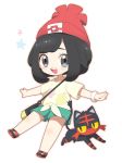  1girl beanie black_eyes black_hair cat chibi chiroru_(pixiv18745289) female_protagonist_(pokemon_sm) full_body green_shorts hat litten_(pokemon) pokemon pokemon_(game) pokemon_sm red_hat shirt shoes short_hair shorts simple_background sneakers solo tied_shirt white_background yellow_shirt 