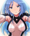  1girl armpits blue_hair bodysuit breasts female krulcifer_einfolk large_breasts long_hair looking_at_viewer myoun2 saijaku_muhai_no_bahamut simple_background smile solo 