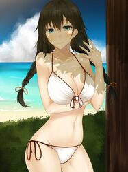  1girl bare_arms bare_legs bare_shoulders beach bikini black_hair blue_eyes blush braid breast_hold breasts cleavage clouds collarbone cowboy_shot eyebrows eyebrows_visible_through_hair highres kurasaki_aya large_breasts legs long_hair looking_at_viewer mole mound_of_venus navel ocean original osananajimi_na_fuyuka-chan_wa_motto_shounen_ni_kamatte_hoshii_you_desu outdoors raised_eyebrows sky solo standing swimsuit thighs twin_braids water white_bikini 