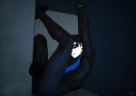  1boy artist_request batman_(series) black_hair bodysuit boots contortion dc_comics dick_grayson domino_mask flexible gloves handcuffed male_focus mask nightwing solo spot_color 