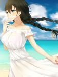  1girl bare_shoulders beach black_hair blue_eyes blush braid breasts clouds collarbone dress eyebrows eyebrows_visible_through_hair floating_hair highres jewelry kurasaki_aya large_breasts long_hair looking_away mole necklace ocean original osananajimi_na_fuyuka-chan_wa_motto_shounen_ni_kamatte_hoshii_you_desu outdoors ring short_sleeves sky smile solo standing twin_braids water white_dress wind 