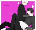  2boys black_hair blush kaneki_ken kirishima_ayato male_focus multiple_boys silver_hair sitting sitting_on_person smile straddling sweat tokyo_ghoul yaoi 