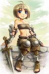  1girl armor blonde_hair blue_eyes breasts maxa&#039; original short_hair small_breasts smile solo sword wide_hips young 
