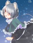  1girl abe_suke animal_ears bangs black_skirt blush brown_eyes capelet eyebrows_visible_through_hair grey_hair jewelry long_sleeves looking_at_viewer mouse_ears mouse_tail nazrin necklace open_mouth short_hair signature skirt skirt_set snowflakes solo tail touhou 